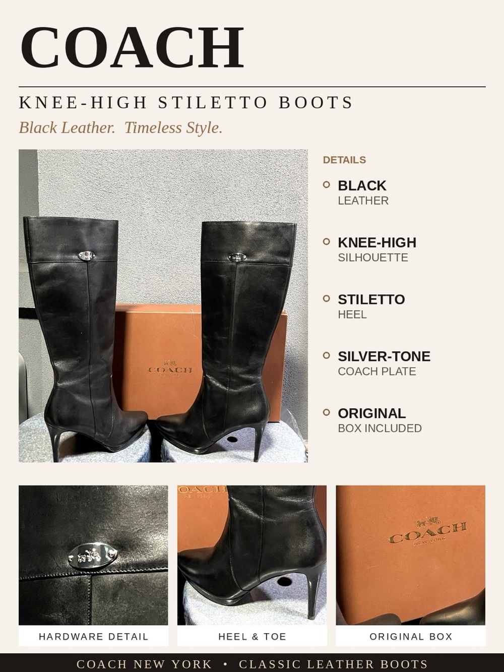 Coach Black Leather Knee High Stiletto Boots